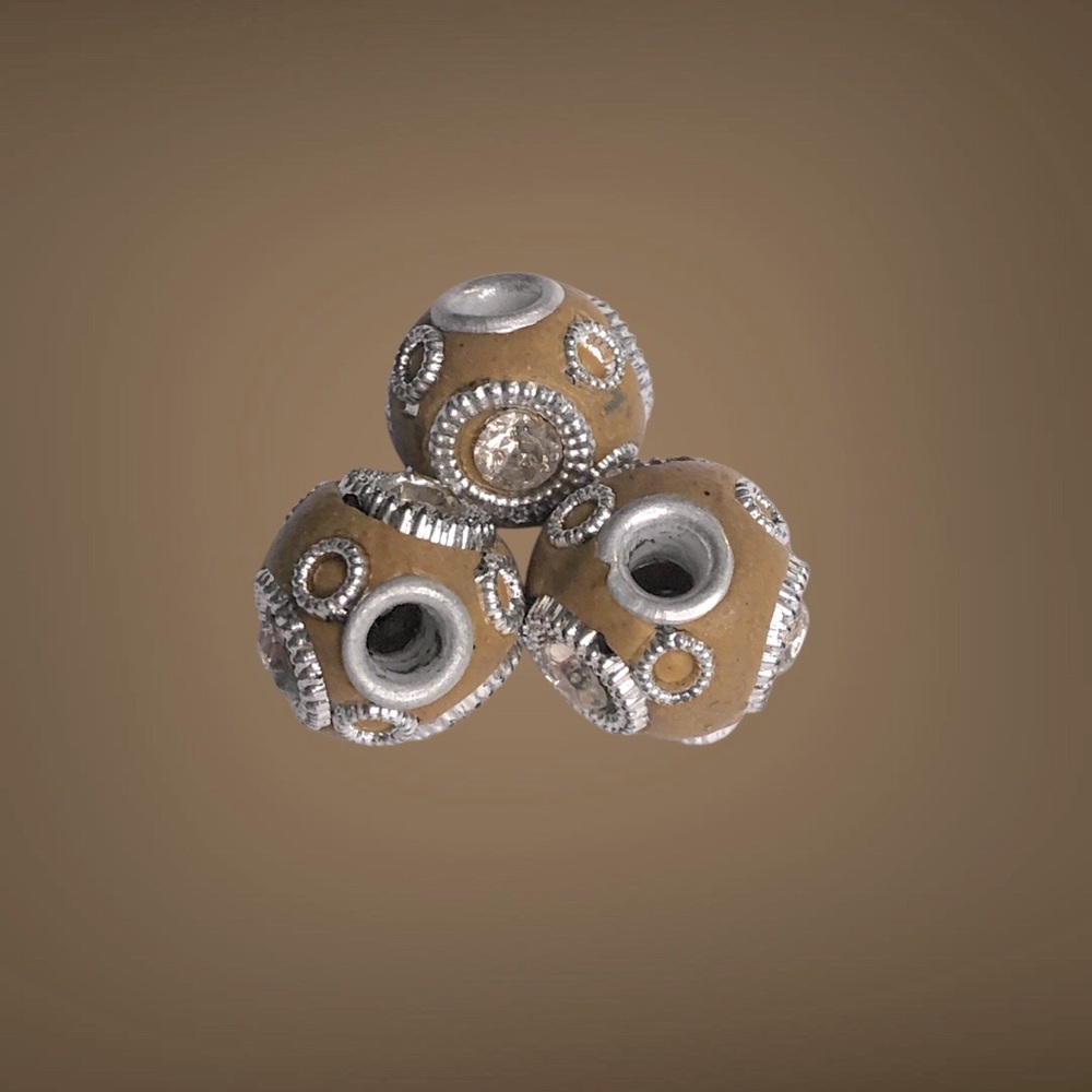 Handmade Khaki and Silver Clay Beads 3pcs